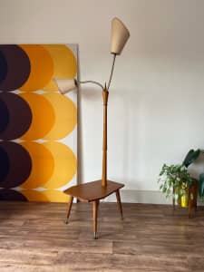 Retro Teak Adjustable Twin Floor Lamp Stand with Side Coffee Table