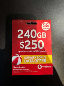 Vodafone $250 Sim Card - Unlimited Talk/Text & 240GB Data - Unused