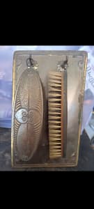 Rare Vintage clothes fluff brush set with brass hanging plate English 