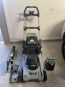 Ego Mower with mulch plug, blower, battery and power pack