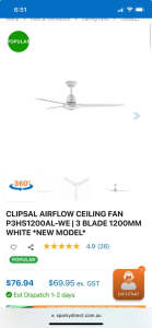 CLIPSAL AIRFLOW CEILING FAN P3HS1200AL-WE | 3 BLADE 1200MM WHITE