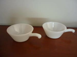 2 American milk glass handled bowls 50s to 70s BARGAIN $9