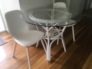 Vintage cane dining table with 2 Ikea chairs, all in as new condition