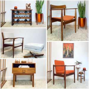 Mid Century Parker chairs, bedside table, footstool and wine rack.