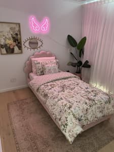 Pink upholstered single bed & mattress 