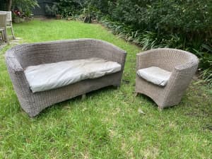 cane outdoor 2 seater and single arm chair with foam cushions