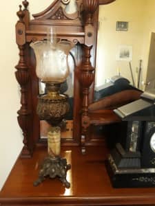 Beautiful Victorian Kerosene Banquet Lamp with Original Shade Cir 1895
