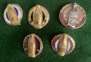 Coca Cola Service Pins 5,10,15,20,25 Gold with Gemstone Inserts