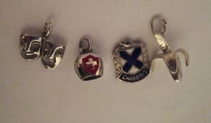 4 sterling silver vintage charms, banana, bell, ship-line, comedy