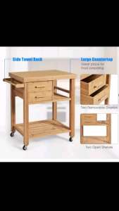 Kitchen Island Bamboo Counter top Drawes Shelves Wooden Metal Legs