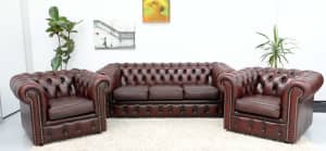 FREE DELIVERY-GENUINE LEATHER CHESTERFIELD 3 SEATER SOFA AND TUBCHAIRS