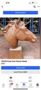 70CM Life Size Cast Iron Horse Head