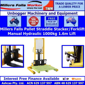 1000kg Forklift Pallet Straddle Stacker Manual Hydraulic 1.6m Lift