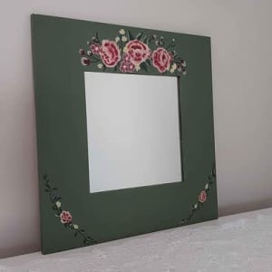 Folk art wooden frame mirror. 45cms square