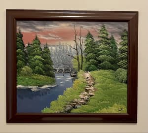 Bridge on Riverside Forest Landscape Oil Painting signed 60cm x 70cm