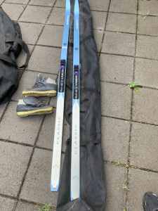 cross country skis, poles and carry bag.