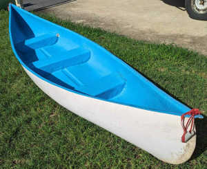 Canoe fibreglass 14ft, 2 person, paddles, bouyancy vests and trolley