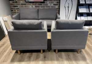 *AS NEW* EX DISPLAY - grey fabric 2 seater sofa & 2 arm chairs.