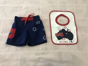 Size 0 Australia Day Board shorts and Bib
