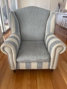 Blue/cream striped studded accent chairs for sale with footstool 