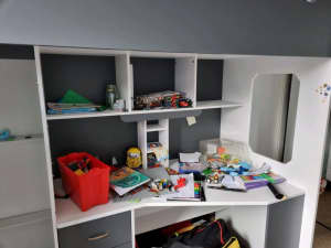 Kids bed with study desk, wardrobe and drawers