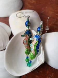 Blue Green Cloisonne Seahorse Drop Earrings,925 Solid Silver Wires.