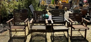 4 old odd timber outdoor dining chairs