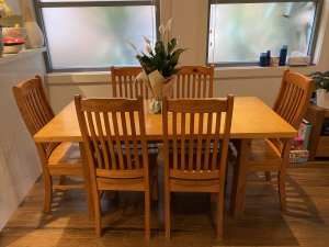 Pine 6 seater dining table and chairs