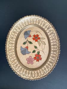 Solid Brass oval dish with decorative design.