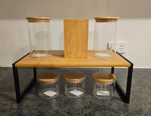 Bamboo storage shelf, 5 glass canisters and bamboo utensil holder