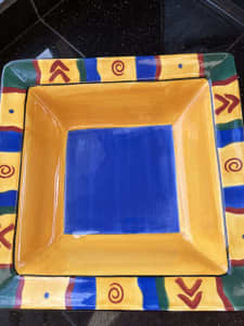 Aztec Mexican yellow and blue design large square display bowl 40cm