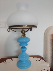 Antique, Sky Blue Opaline Standing Oil Lamp