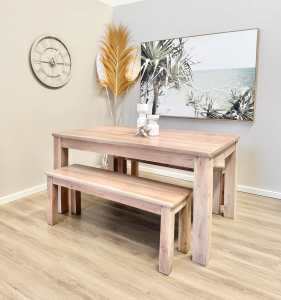 *SOLD* Hamptons Whitewashed Timber Dining Table & Bench Seats