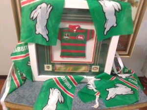 Nrl Rabbitohs jersey framed with flag