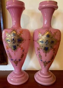 Victorian Bristol Opaline Pink Enamelled Jewelled Glass Vases RARE