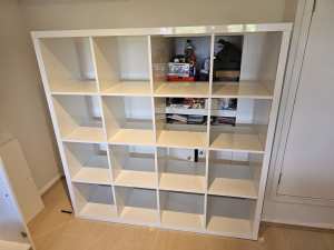 Used gloss white IKEA 4x4 kallax shelf and glass shelves