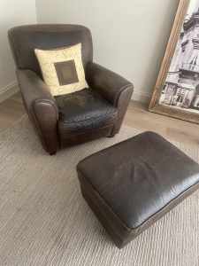 Italian Leather (distressed) Easy Chair & Ottoman