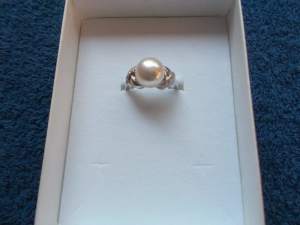 NEW RING Sz N white freshwater pearl 8.5 - 10mm 14 CZs silver 925