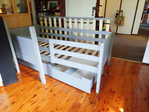 Bunk beds - near new, light grey, storage under, no mattresses