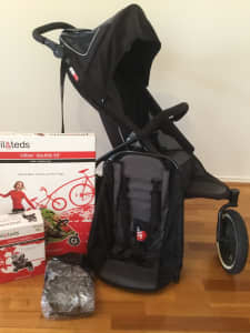 Phil & Teds Pram Black with inline double kit and Rain Protector