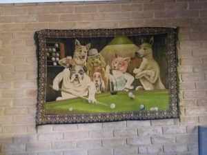 DOGS PLAYING POOL WALL TAPESTRY