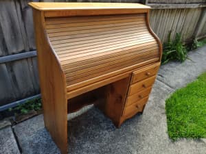 Vintage solid wood roller study desk 4 drawers