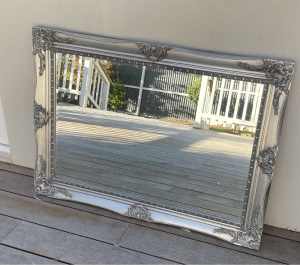 Large silver rectangular mirror with beveled edges
