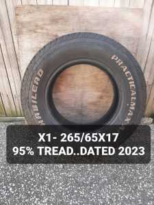 1 ONLY- 265/65X17, A/T TYRE, 95% TREAD 