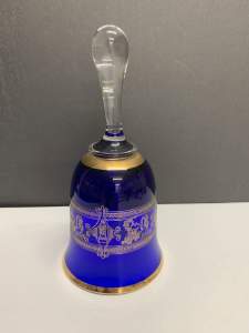 Blue Glass Bell with Gold Trims. 15cm height. Perfect condition