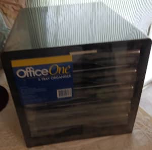 Two sets of new office filing trays and one used set