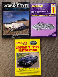 E Type Jaguar cars. 3 books about classic car restoration