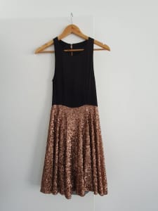 Mink Pink party dress, black singlet top with rose gold sequin skirt 