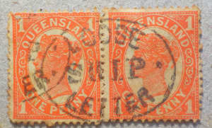 1897 Queensland 1d.Red.Rare Oval loose Ship Letter.Joined Pair.ASC43(L