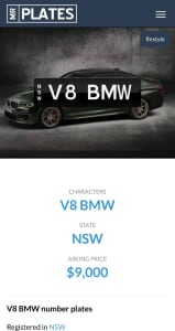 NSW Number Plates - V8 BMW